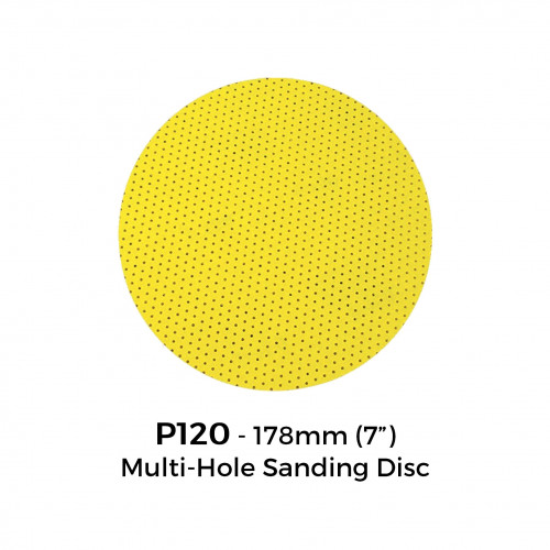 1 Box: P120 - Yellow Multi Hole Hook & Loop Sanding Disc - 178mm - 7" - (25/Box)