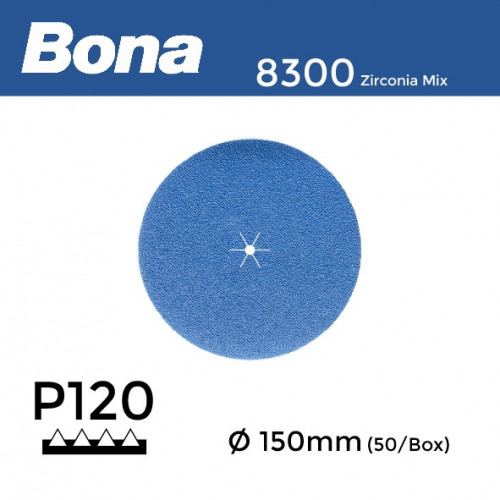 1 Box: P120 - Bona - Zirconia Mix - Anti Static - Hook & Loop Sanding Discs - 150mm - 6" - (50/Box)
