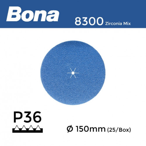 1 Box: P36 - Bona - Zirconia Mix - Anti Static - Hook & Loop Sanding Discs - 150mm - 6" - (25/Box)