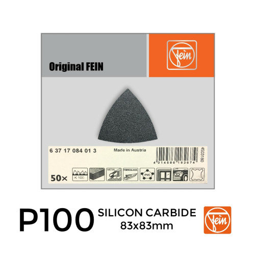 1 Box: P100 - Fein - Silicon Carbide - Triangular Delta Hook & Loop Sanding Sheets - 83mm - (50/Box)
