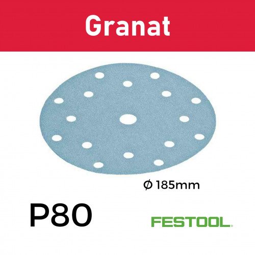 1 Box: (497185) P80 - Festool - Granat - StickFix - Hook & Loop Sanding Discs - 185mm - (50/Box) 