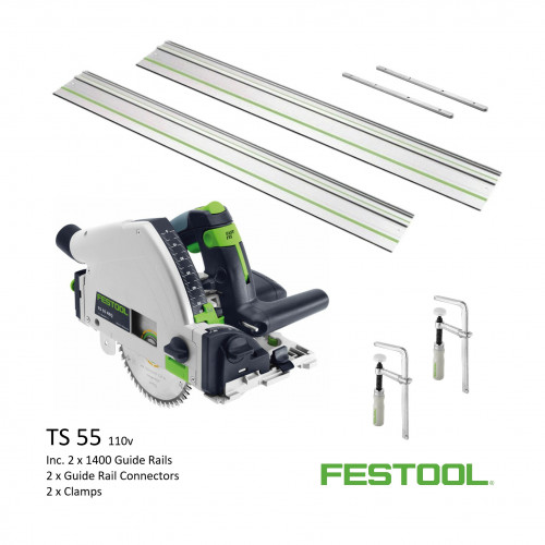 Festool - TS 55 REBQ+ FS - Circular Plunge Saw - 110v (inc 2 x 1400 + Connectors + Clamps)