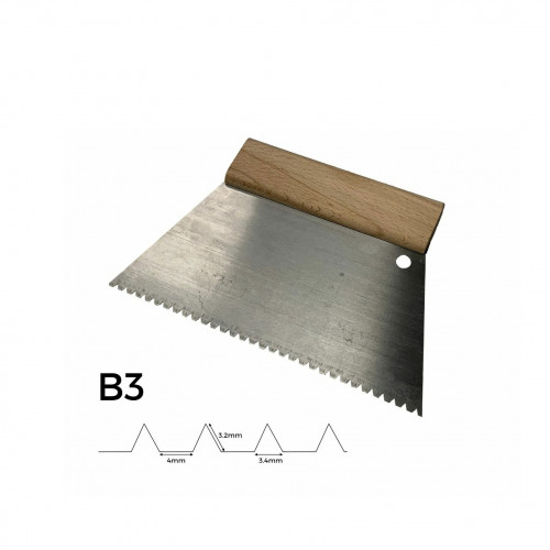 FS - Adhesive Trowel - Wooden Handle - 220mm - B3 - 3.2mm Notch Depth & 3.4mm Notch Width