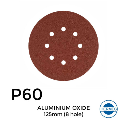 1 Box: P60 - Hermes - Aluminium Oxide - Hook & Loop Sanding Discs - 8 Hole - 125mm - 5" - (50/Box) 