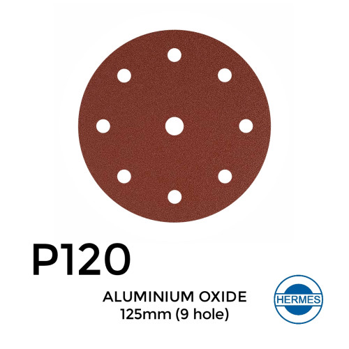 1 Box: P120 - Hermes - Aluminium Oxide - Hook & Loop Sanding Discs - 9 Hole - 125mm - 5" - (50/Box) 