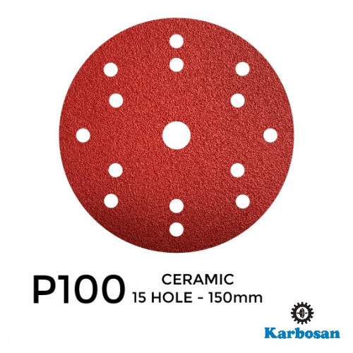 1 Box: P100 - Karbosan - Ceramic - Hook & Loop Sanding Discs - 15 Hole - 150mm - 6" - With 17mm Centre Hole - (50/Box)