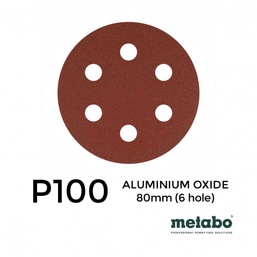P100 - Metabo - Aluminium Oxide - Hook & Loop Sanding Discs - 6 Hole - 80mm - 3.15" - (25/pk)