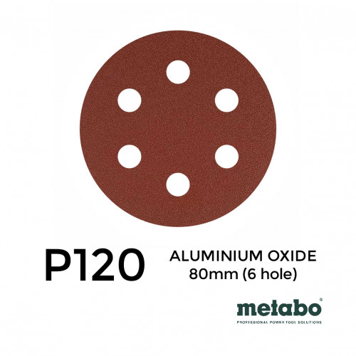 P120 - Metabo - Aluminium Oxide - Hook & Loop Sanding Discs - 6 Hole - 80mm - 3.15" - (25/pk)