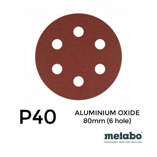 P40 - Metabo - Aluminium Oxide - Hook & Loop Sanding Discs - 6 Hole - 80mm - 3.15" - (25/pk)(624051000)