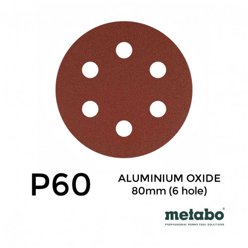 P60 - Metabo - Aluminium Oxide - Hook & Loop Sanding Discs - 6 Hole - 80mm - 3.15" - (25/pk)(624052000)