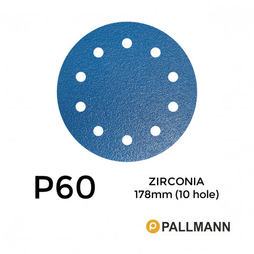 1 Box: P60 - Pallmann - Zirconia - Hook & Loop Sanding Discs - 10 Hole - 178mm - 7" - (50/Box)
