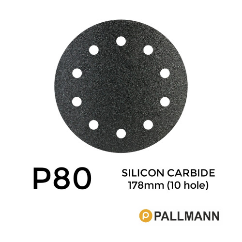 1 Box: P80 - Pallmann - Silicon Carbide - Hook & Loop Sanding Discs - 10 Hole - 178mm - 7" - (50/Box)