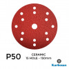 1 Box: P50 - Karbosan - Ceramic - Hook & Loop Sanding Discs - 15 Hole - 150mm - 6" - With 17mm Centre Hole - (50/Box)